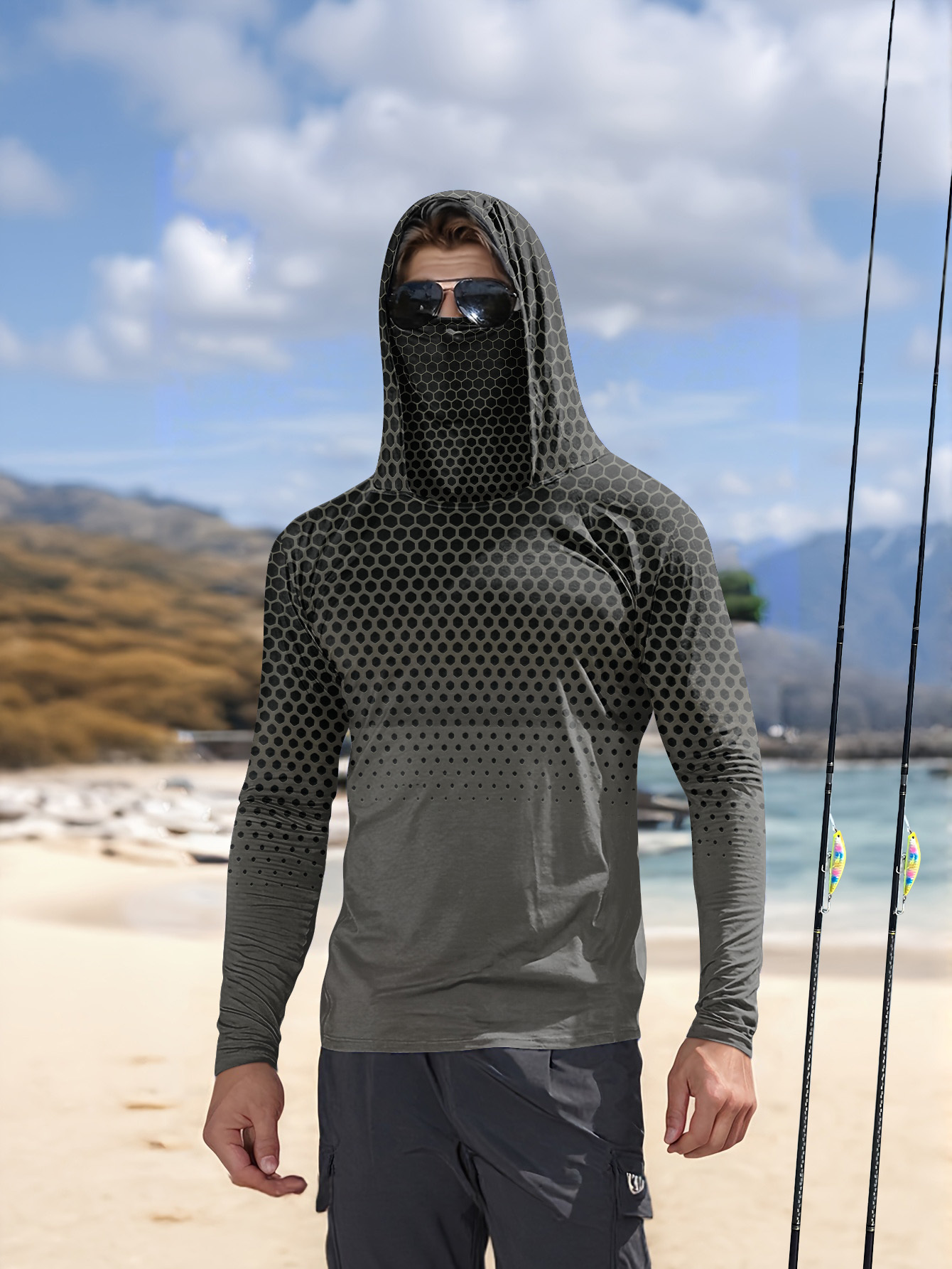 Men Summer Fishing Hoodie With - Fishing Mask Sun Protection 评论和价格